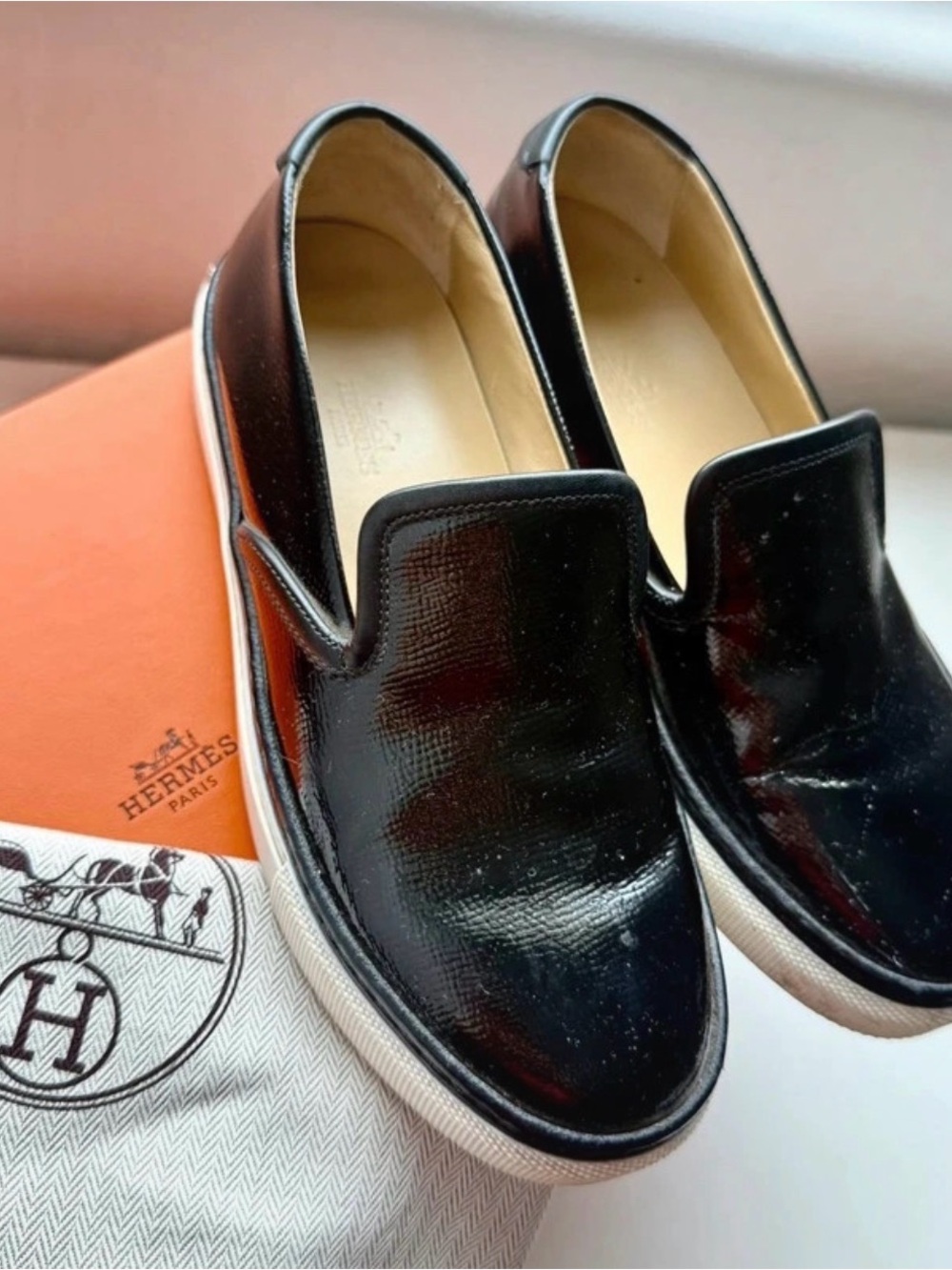 Authentic Hermes Black Patent Leather Slip-On Loafers with White Sole